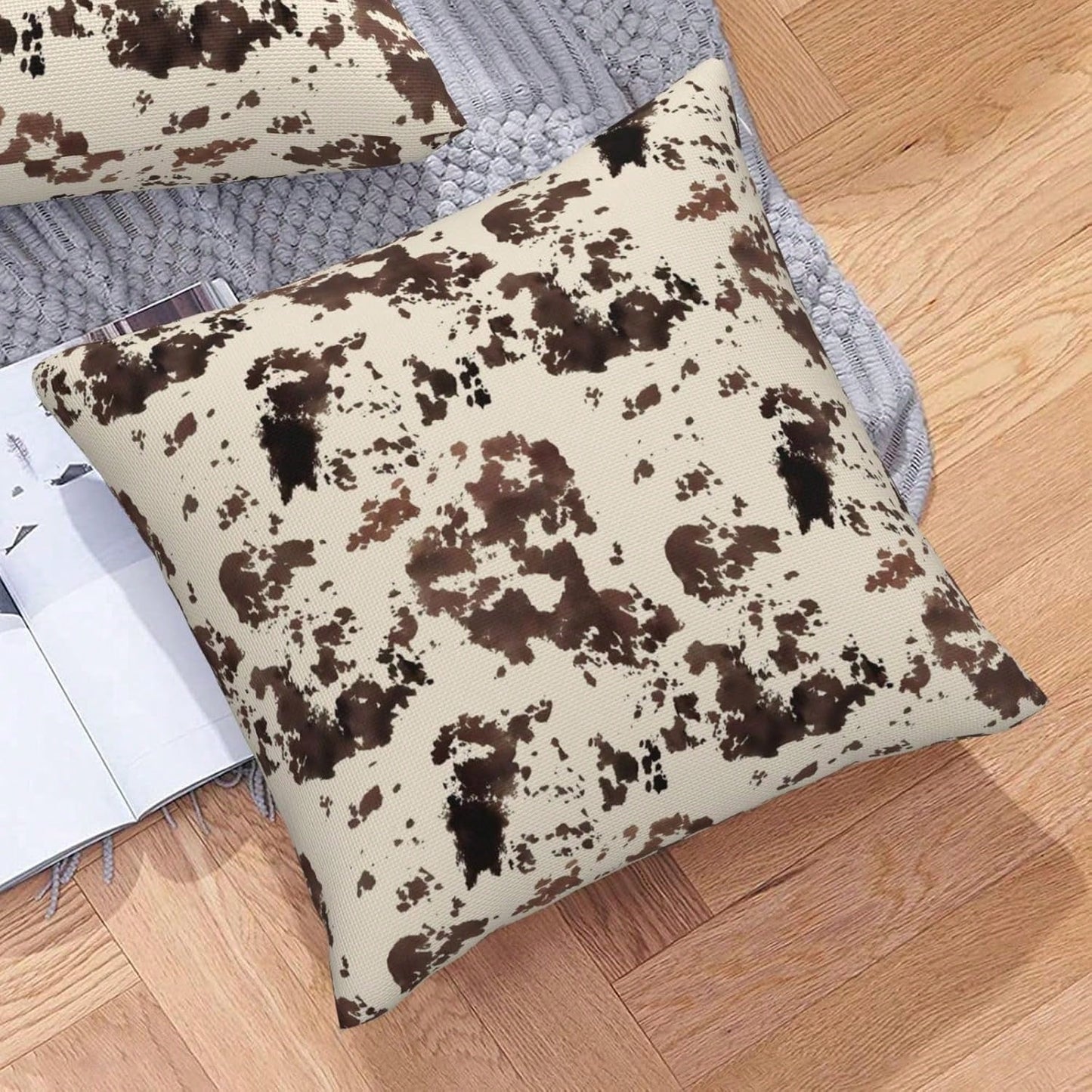 2PCS Brown Cow Print Square Pillow Cover, Western Country Cowhide Texture Sofa Pillow Cover, Suitable For Bedroom And Country Home Decor, Single-Sided Without Pillow Insert