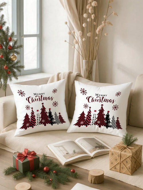 2pcs Buffalo Plaid Christmas Pillow Covers (No Insert), Red/Black Plaid Pattern, Christmas Tree, Snowflake, Merry Christmas Print Pillow Covers, Country Style Winter Sofa Decor