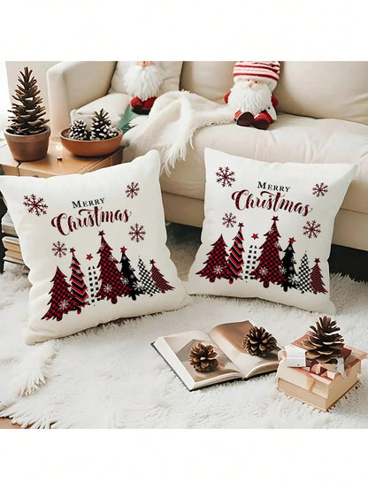 2pcs Buffalo Plaid Christmas Pillow Covers (No Insert), Red/Black Plaid Pattern, Christmas Tree, Snowflake, Merry Christmas Print Pillow Covers, Country Style Winter Sofa Decor