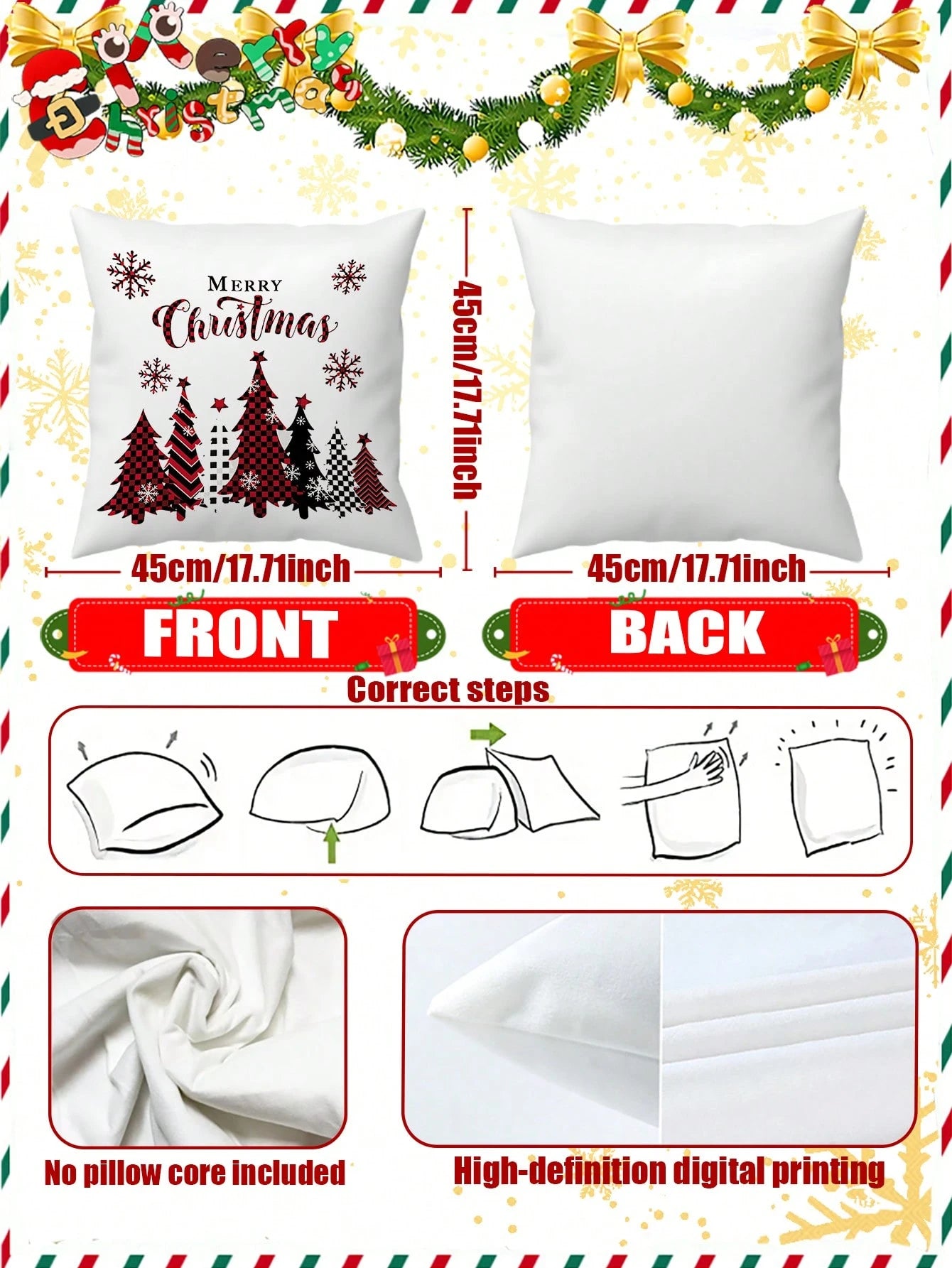 2pcs Buffalo Plaid Christmas Pillow Covers (No Insert), Red/Black Plaid Pattern, Christmas Tree, Snowflake, Merry Christmas Print Pillow Covers, Country Style Winter Sofa Decor
