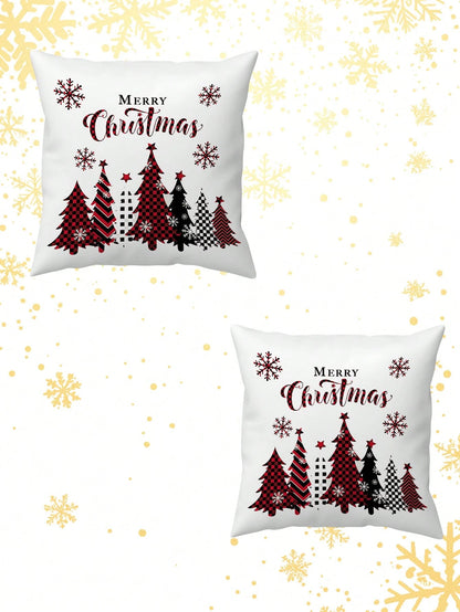 2pcs Buffalo Plaid Christmas Pillow Covers (No Insert), Red/Black Plaid Pattern, Christmas Tree, Snowflake, Merry Christmas Print Pillow Covers, Country Style Winter Sofa Decor