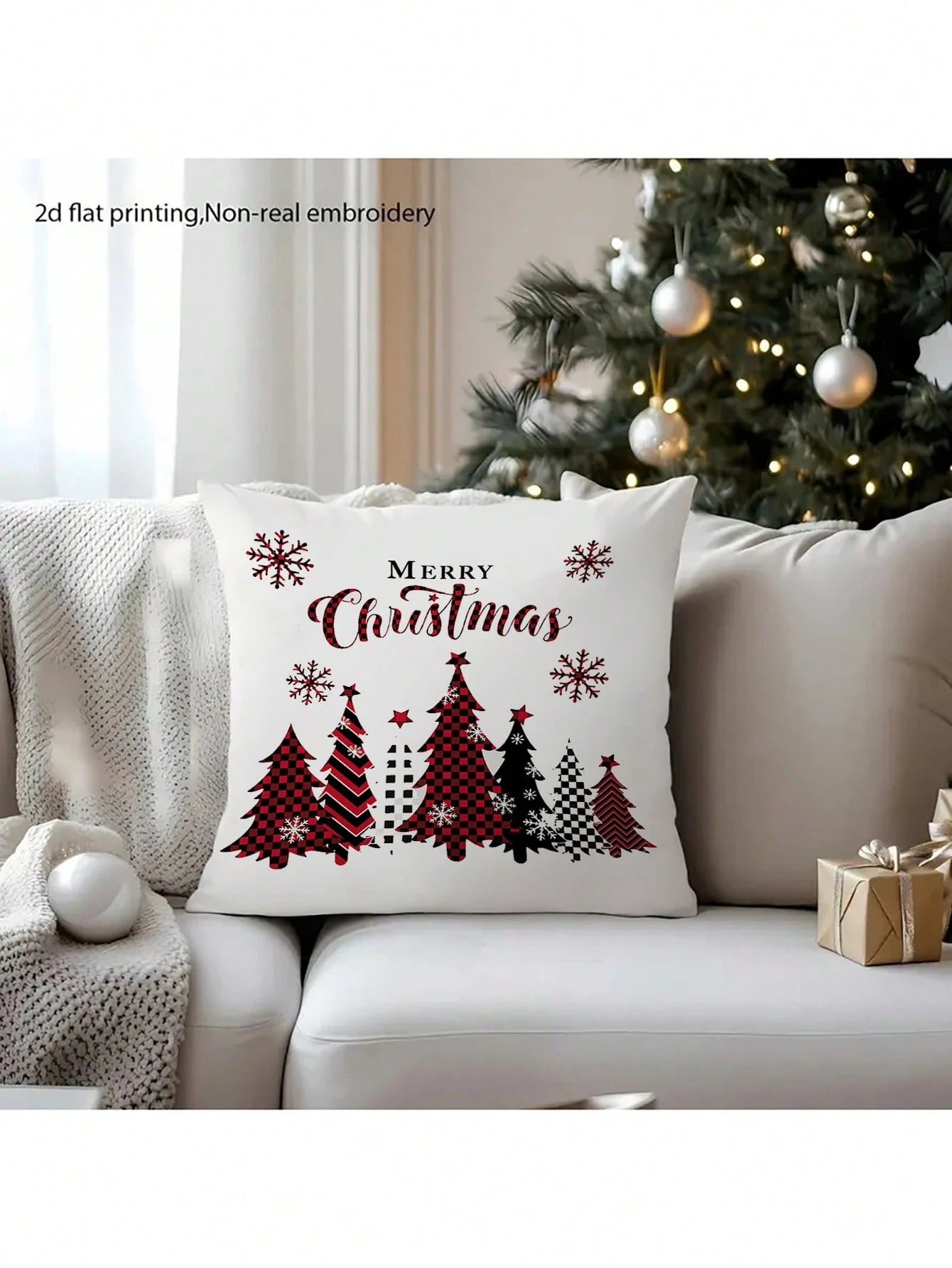 2pcs Buffalo Plaid Christmas Pillow Covers (No Insert), Red/Black Plaid Pattern, Christmas Tree, Snowflake, Merry Christmas Print Pillow Covers, Country Style Winter Sofa Decor
