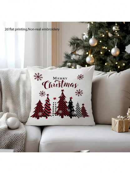 2pcs Buffalo Plaid Christmas Pillow Covers (No Insert), Red/Black Plaid Pattern, Christmas Tree, Snowflake, Merry Christmas Print Pillow Covers, Country Style Winter Sofa Decor