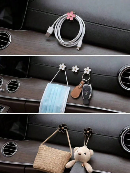 2Pcs Car Adhesive Mini Hooks, Flower Shaped Car Storage Hooks For Dashboard Storage And Home Use, Suitable For Hanging Bags, Keys, And Other Interior Decorative Accessories