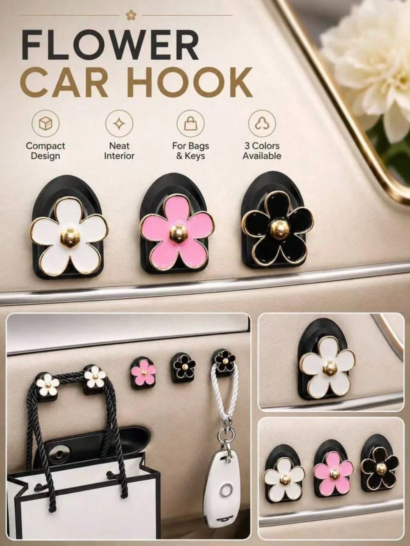 2Pcs Car Adhesive Mini Hooks, Flower Shaped Car Storage Hooks For Dashboard Storage And Home Use, Suitable For Hanging Bags, Keys, And Other Interior Decorative Accessories