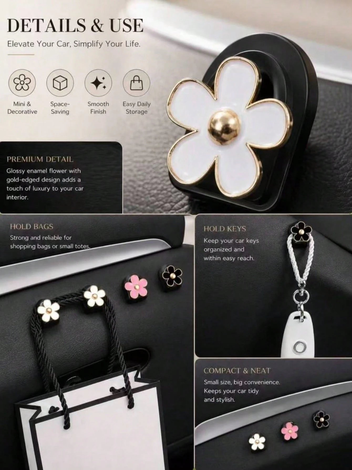 2Pcs Car Adhesive Mini Hooks, Flower Shaped Car Storage Hooks For Dashboard Storage And Home Use, Suitable For Hanging Bags, Keys, And Other Interior Decorative Accessories