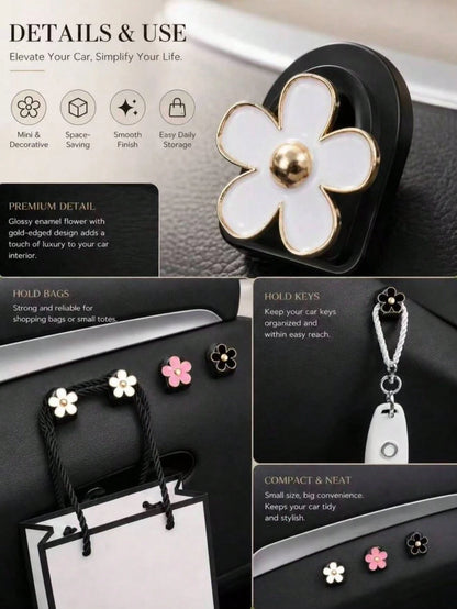 2Pcs Car Adhesive Mini Hooks, Flower Shaped Car Storage Hooks For Dashboard Storage And Home Use, Suitable For Hanging Bags, Keys, And Other Interior Decorative Accessories