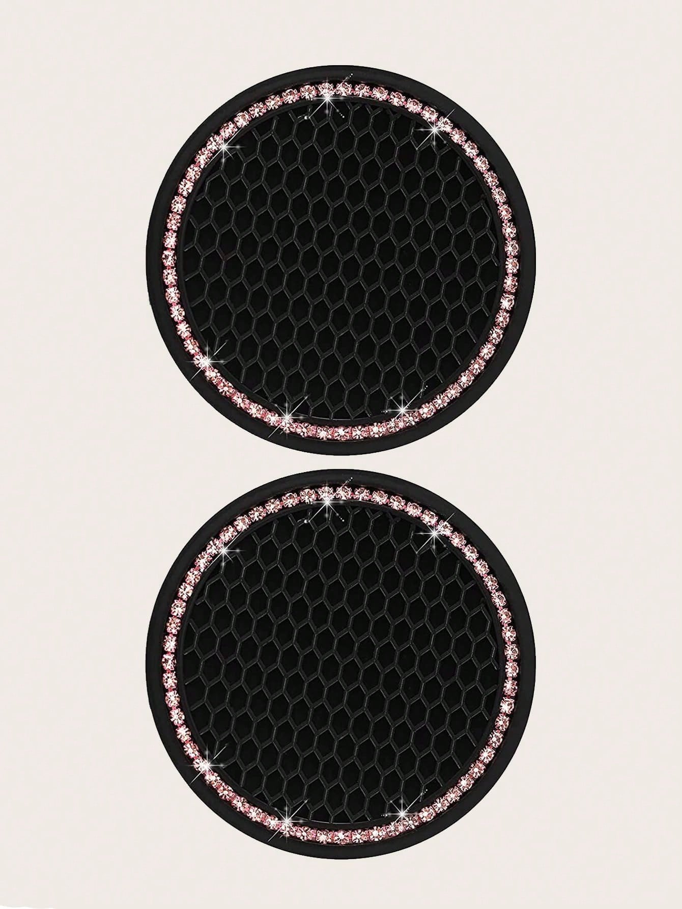 2pcs Car Cup Holder Coaster Round Silicone Cup Mat With Pink Rhinestones