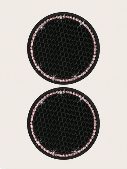 2pcs Car Cup Holder Coaster Round Silicone Cup Mat With Pink Rhinestones