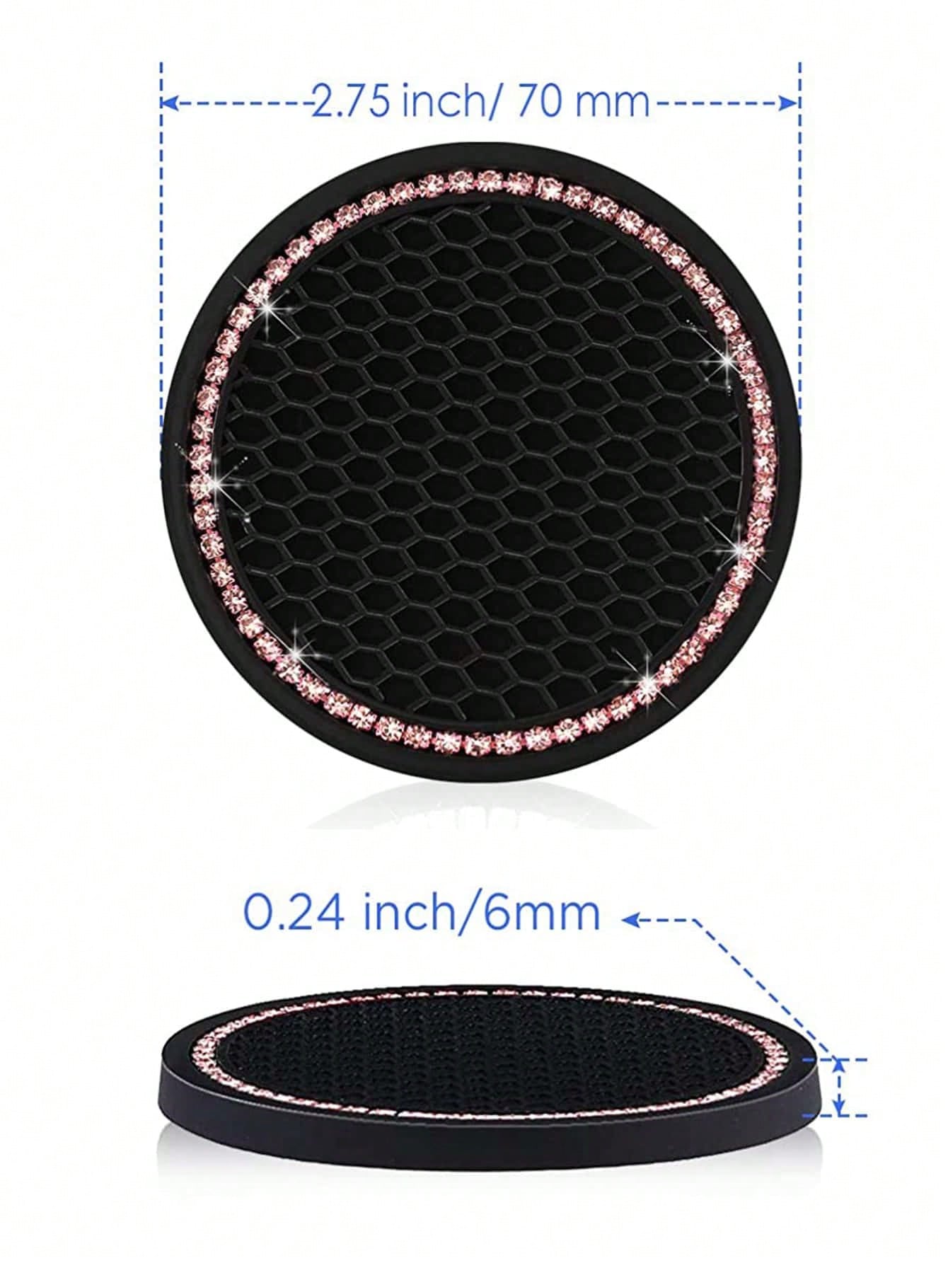 2pcs Car Cup Holder Coaster Round Silicone Cup Mat With Pink Rhinestones