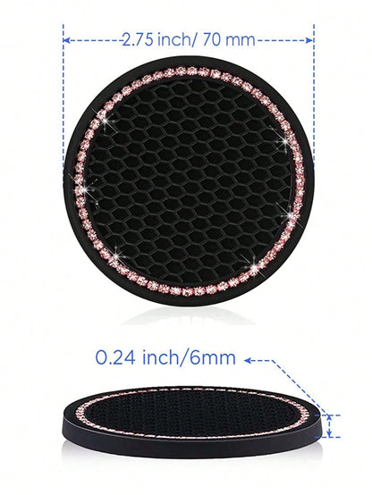 2pcs Car Cup Holder Coaster Round Silicone Cup Mat With Pink Rhinestones