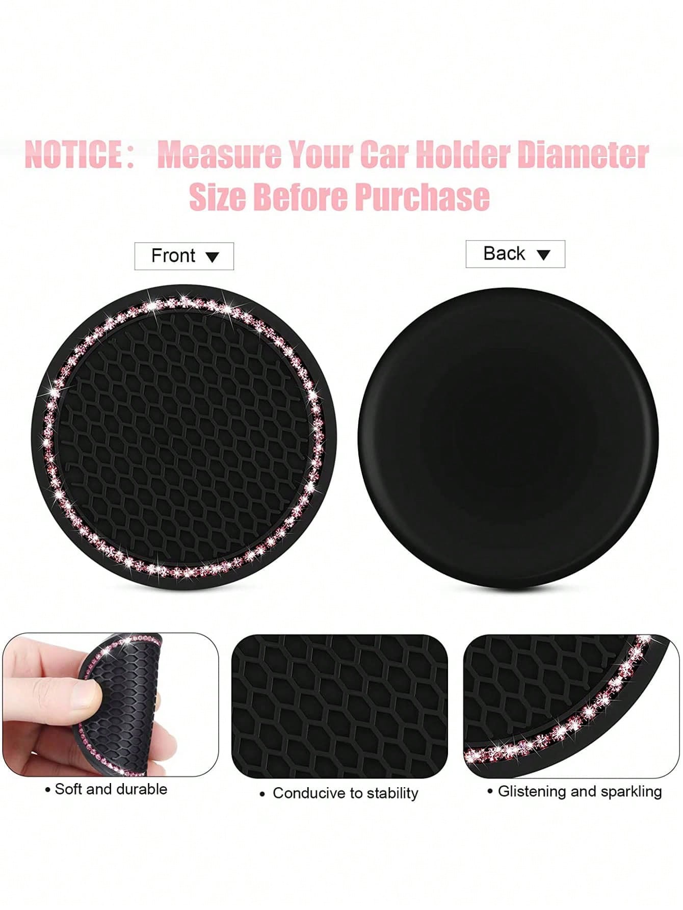 2pcs Car Cup Holder Coaster Round Silicone Cup Mat With Pink Rhinestones
