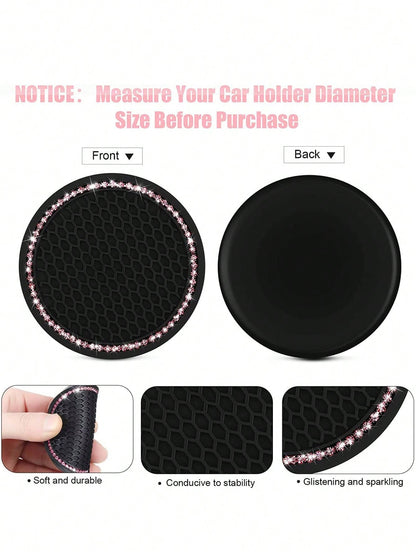 2pcs Car Cup Holder Coaster Round Silicone Cup Mat With Pink Rhinestones
