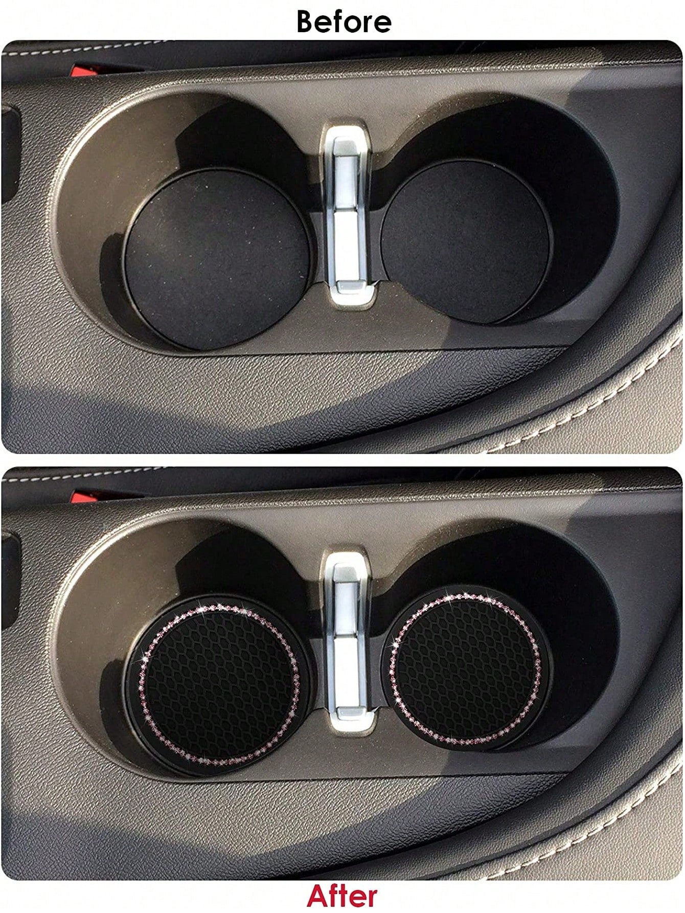 2pcs Car Cup Holder Coaster Round Silicone Cup Mat With Pink Rhinestones