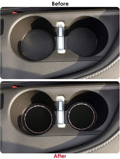 2pcs Car Cup Holder Coaster Round Silicone Cup Mat With Pink Rhinestones