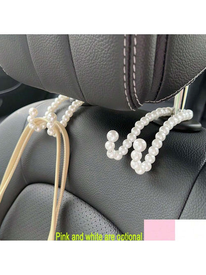 2pcs Car Headrest Hooks With Faux Pearl Beads, Multifunctional Car Backseat Hangers For Purse, Grocery Bags