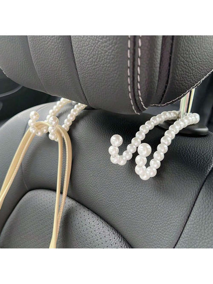2pcs Car Headrest Hooks With Faux Pearl Beads, Multifunctional Car Backseat Hangers For Purse, Grocery Bags
