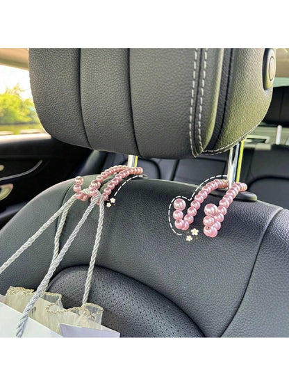 2pcs Car Headrest Hooks With Faux Pearl Beads, Multifunctional Car Backseat Hangers For Purse, Grocery Bags