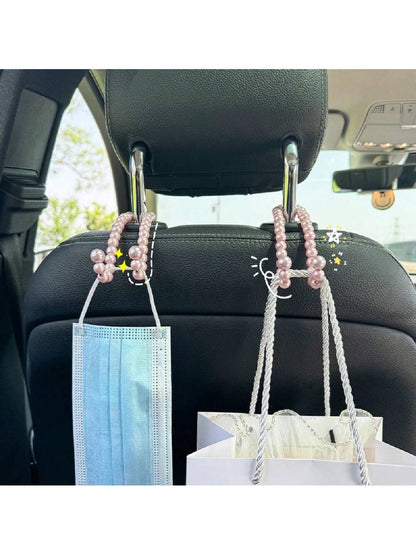 2pcs Car Headrest Hooks With Faux Pearl Beads, Multifunctional Car Backseat Hangers For Purse, Grocery Bags