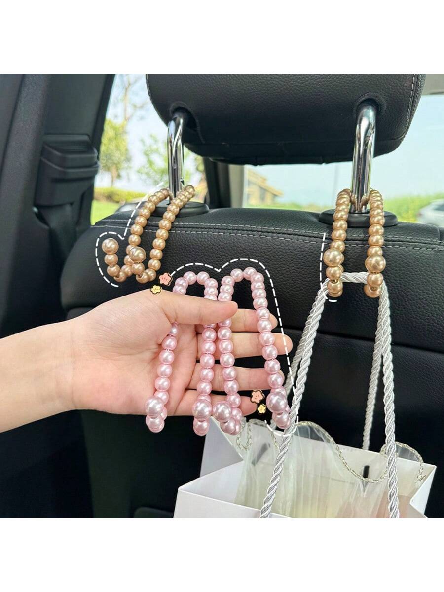 2pcs Car Headrest Hooks With Faux Pearl Beads, Multifunctional Car Backseat Hangers For Purse, Grocery Bags