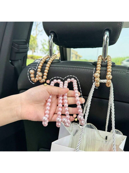 2pcs Car Headrest Hooks With Faux Pearl Beads, Multifunctional Car Backseat Hangers For Purse, Grocery Bags