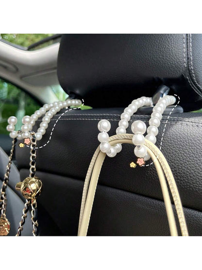 2pcs Car Headrest Hooks With Faux Pearl Beads, Multifunctional Car Backseat Hangers For Purse, Grocery Bags