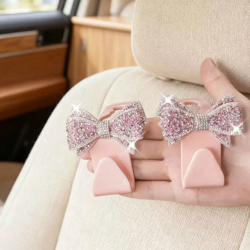 2pcs Car Seat Headrest Hooks, Shiny Rhinestone Storage Hooks, Suitable For Handbags, Backpacks, Wallets, Seat Back Bow Decor Hooks, Fit Most Car Models