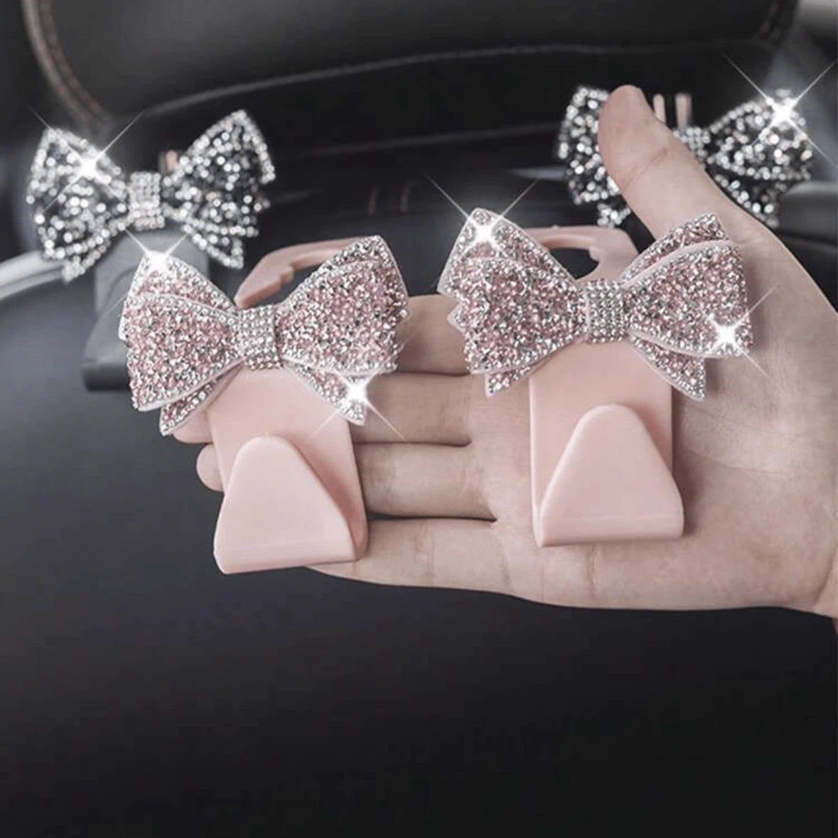 2pcs Car Seat Headrest Hooks, Shiny Rhinestone Storage Hooks, Suitable For Handbags, Backpacks, Wallets, Seat Back Bow Decor Hooks, Fit Most Car Models