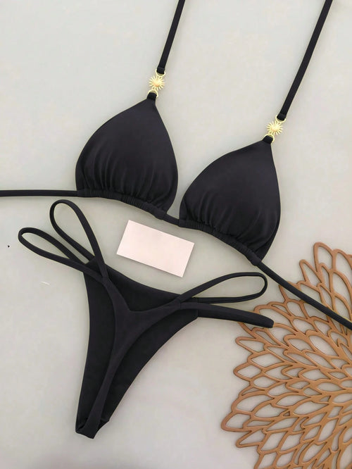 2pcs Casual Elegant Sexy Bohemian Floral Tie-Dye Trim Bikini Swimwear, Suitable For Beach & Holiday, Spring/Summer Vacation Black