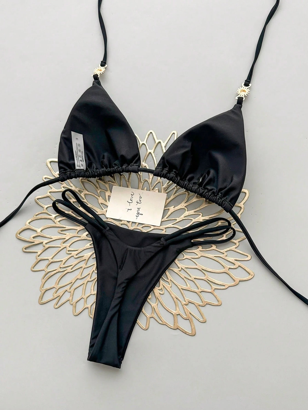 2pcs Casual Elegant Sexy Bohemian Floral Tie-Dye Trim Bikini Swimwear, Suitable For Beach & Holiday, Spring/Summer Vacation Black