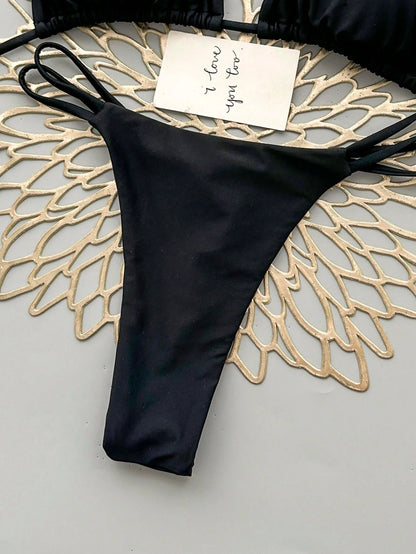 2pcs Casual Elegant Sexy Bohemian Floral Tie-Dye Trim Bikini Swimwear, Suitable For Beach & Holiday, Spring/Summer Vacation Black