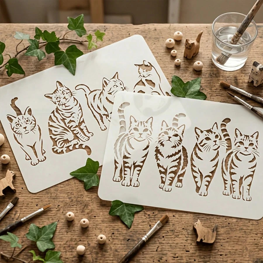 2pcs Cat Silhouette Stencil Templates- Reusable Cute Pet Animal Themed Painting Stencils, Suitable For Wall Art, Fabric, Canvas, Scrapbooking, Card Making, Spray Painting, Art Projects, Designed For