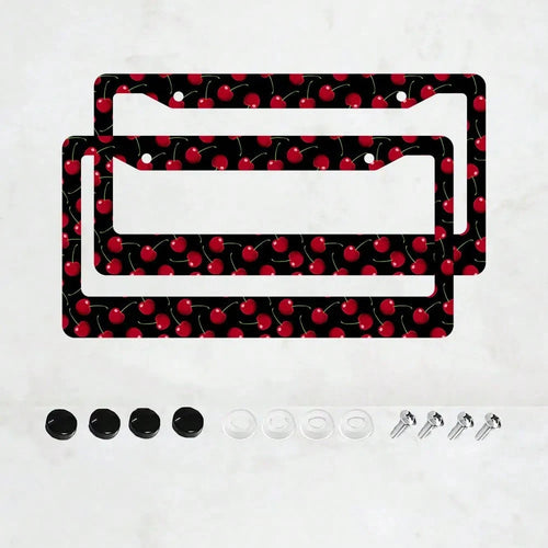 2pcs Cherry Fruit Pattern Aluminum License Plate Frame, Rust-Proof Universal Fit With Decorative Screws, 12. 2x6. 3 Inch For Standard 2-Hole U. S. License Plates