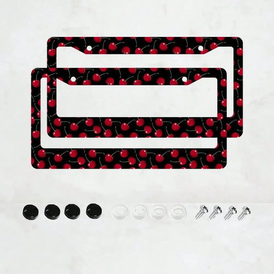 2pcs Cherry Fruit Pattern Aluminum License Plate Frame, Rust-Proof Universal Fit With Decorative Screws, 12. 2x6. 3 Inch For Standard 2-Hole U. S. License Plates