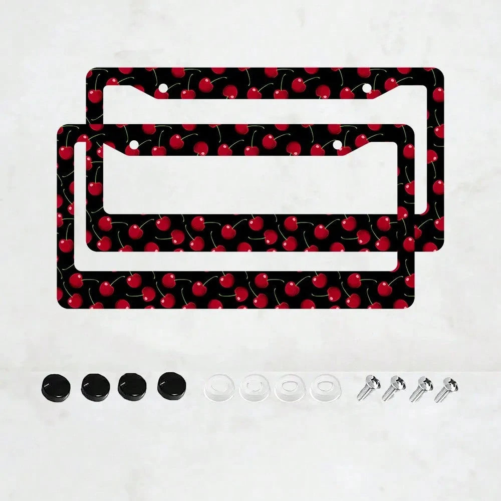 2pcs Cherry Fruit Pattern Aluminum License Plate Frame, Rust-Proof Universal Fit With Decorative Screws, 12. 2x6. 3 Inch For Standard 2-Hole U. S. License Plates