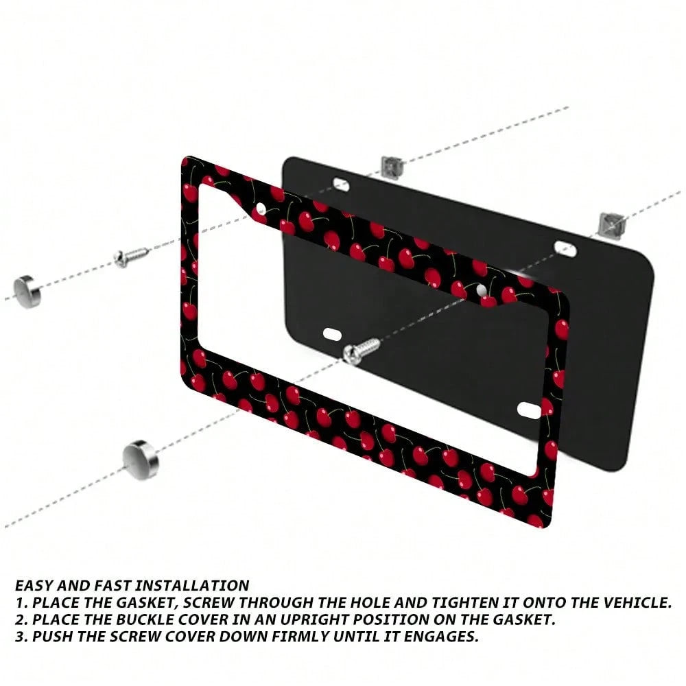 2pcs Cherry Fruit Pattern Aluminum License Plate Frame, Rust-Proof Universal Fit With Decorative Screws, 12. 2x6. 3 Inch For Standard 2-Hole U. S. License Plates
