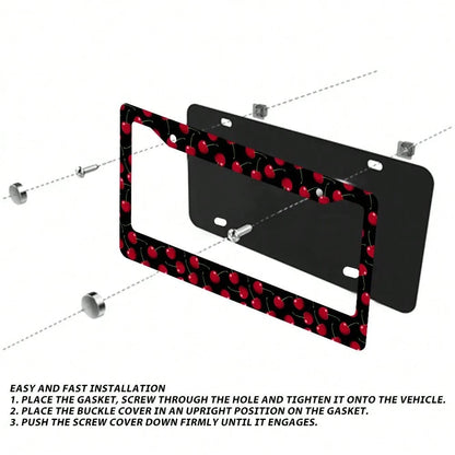 2pcs Cherry Fruit Pattern Aluminum License Plate Frame, Rust-Proof Universal Fit With Decorative Screws, 12. 2x6. 3 Inch For Standard 2-Hole U. S. License Plates