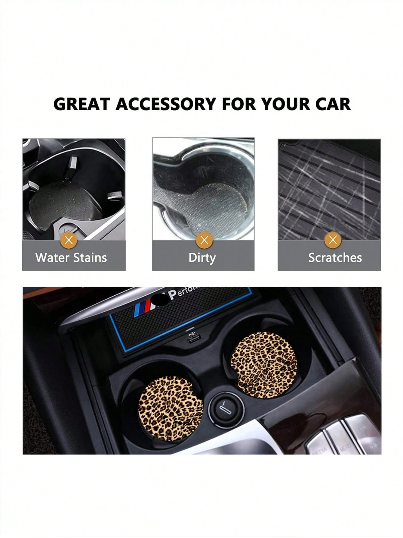 2pcs Creative Storage Anti-Slip Mat Decorated By Yellow Leopard Pattern, Non-Slip Cup Mat For Car Interior Decoration And Protection