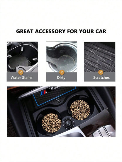 2pcs Creative Storage Anti-Slip Mat Decorated By Yellow Leopard Pattern, Non-Slip Cup Mat For Car Interior Decoration And Protection