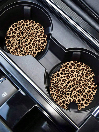 2pcs Creative Storage Anti-Slip Mat Decorated By Yellow Leopard Pattern, Non-Slip Cup Mat For Car Interior Decoration And Protection