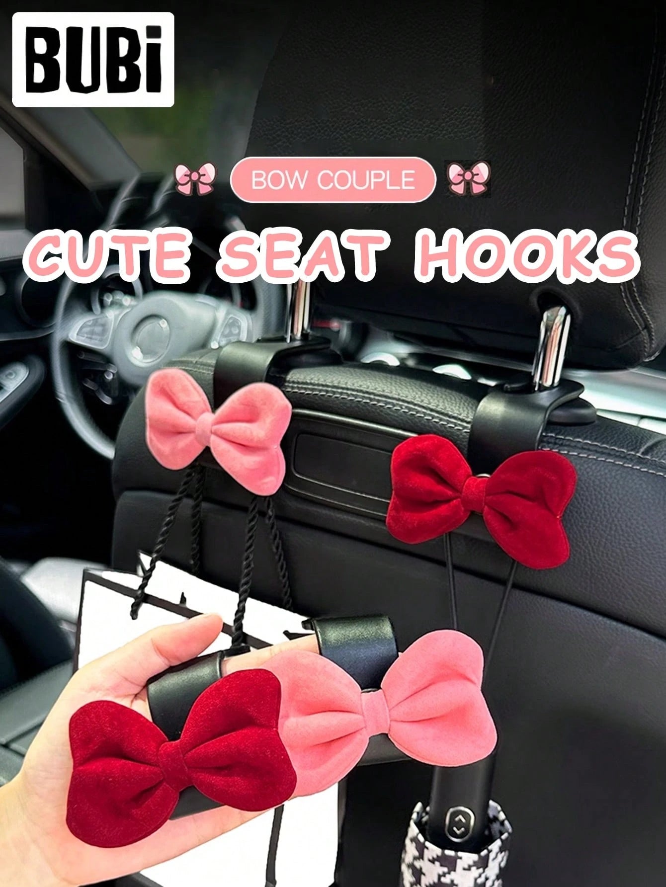 2pcs Cute Bowknot Car Seat Hooks, Pink & Red, Multifunctional Seat Back Storage Organizer Hooks, Suitable For Women, Car Accessories