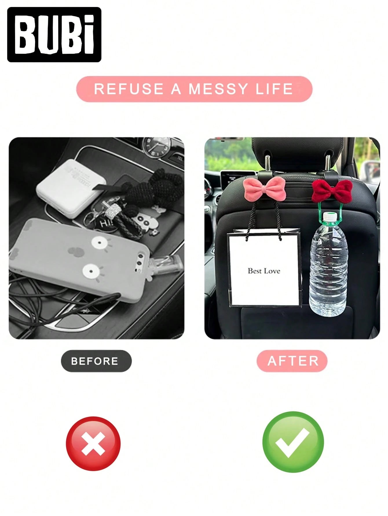 2pcs Cute Bowknot Car Seat Hooks, Pink & Red, Multifunctional Seat Back Storage Organizer Hooks, Suitable For Women, Car Accessories
