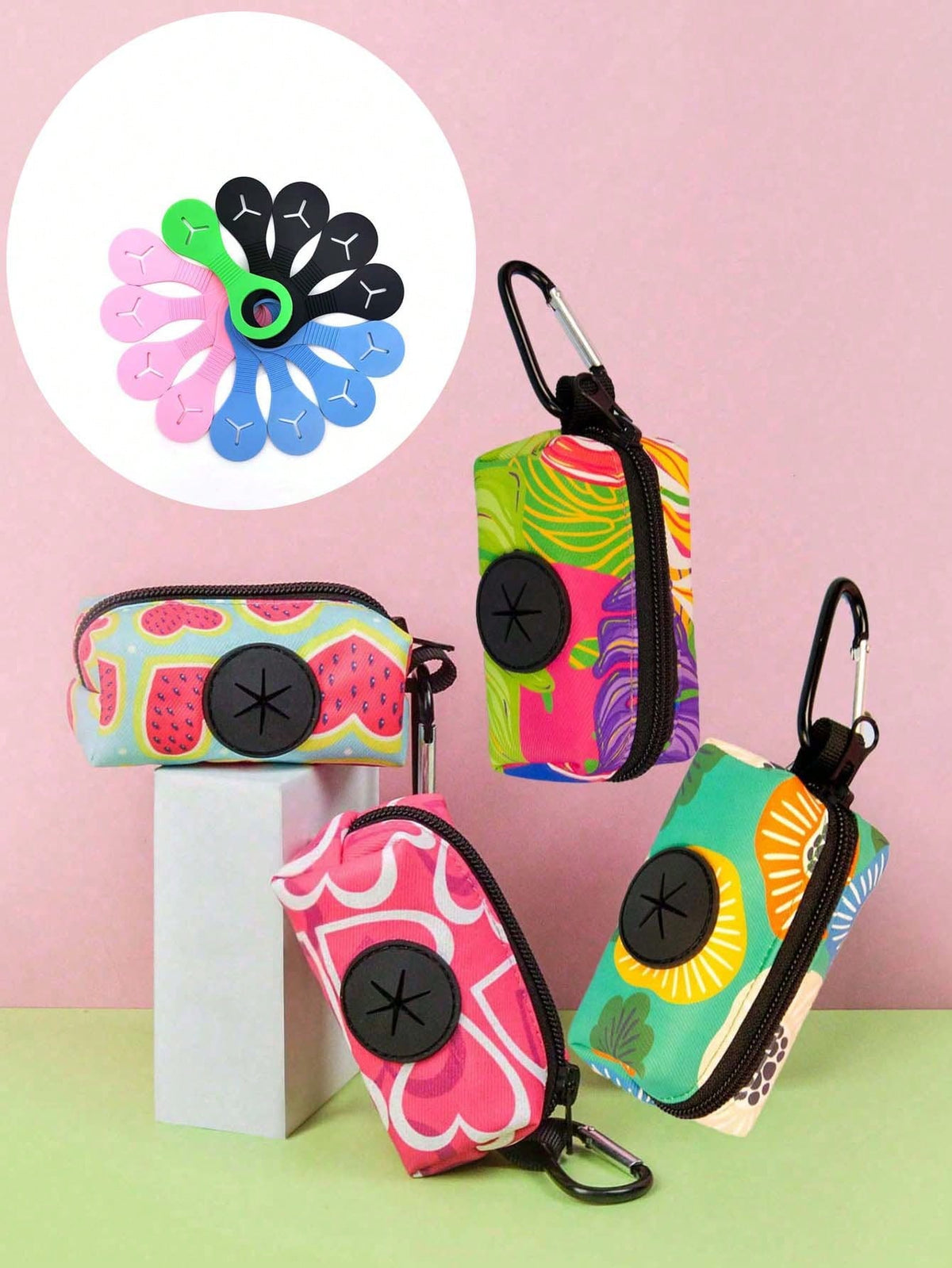 2pcs Cute Pet Dog Poop Bag With Silicone Black Handle, Poop Bag Set, Watermelon Heart Pattern, Collar Gato, Collar Perro, Multi-Color High Quality Garbage Bag Storage Bag, (Not Including Belt And Garb