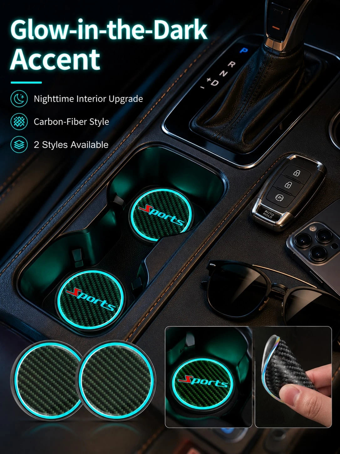 2pcs Glow Carbon Fiber Texture Car Cup Holder Coasters, Night Glow Non-Slip Embedded Liners, 2.83 Inch Waterproof Cup Holder Pads, Universal Fit For Car, Truck, SUV Cup Holder Liners, Unisex Car Inter