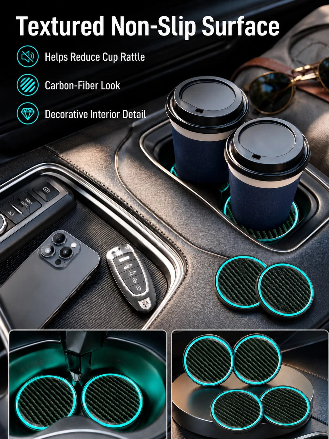 2pcs Glow Carbon Fiber Texture Car Cup Holder Coasters, Night Glow Non-Slip Embedded Liners, 2.83 Inch Waterproof Cup Holder Pads, Universal Fit For Car, Truck, SUV Cup Holder Liners, Unisex Car Inter