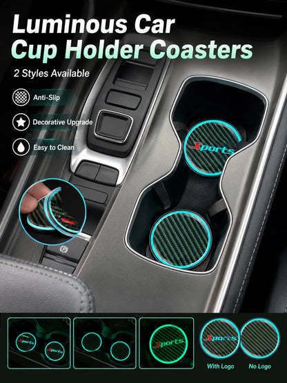 2pcs Glow Carbon Fiber Texture Car Cup Holder Coasters, Night Glow Non-Slip Embedded Liners, 2.83 Inch Waterproof Cup Holder Pads, Universal Fit For Car, Truck, SUV Cup Holder Liners, Unisex Car Inter