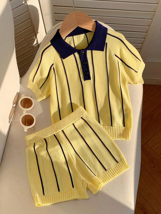 2pcs Kids Young Boy Summer Autumn Casual Yellow Striped Polo Knit Top And Striped Knit Shorts Sweater Set Polo Set Boys Outfit Summer Set Striped Set