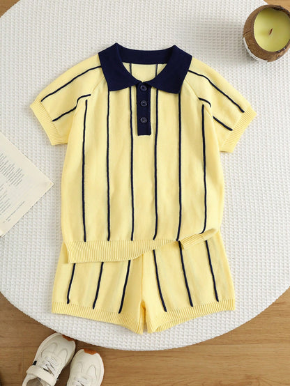 2pcs Kids Young Boy Summer Autumn Casual Yellow Striped Polo Knit Top And Striped Knit Shorts Sweater Set Polo Set Boys Outfit Summer Set Striped Set