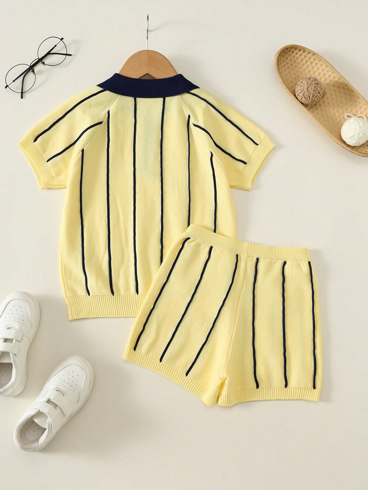 2pcs Kids Young Boy Summer Autumn Casual Yellow Striped Polo Knit Top And Striped Knit Shorts Sweater Set Polo Set Boys Outfit Summer Set Striped Set