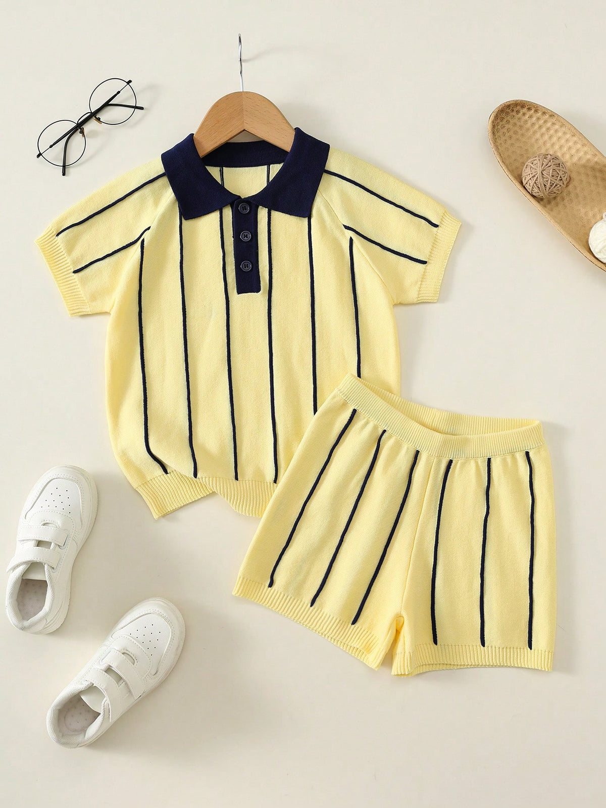 2pcs Kids Young Boy Summer Autumn Casual Yellow Striped Polo Knit Top And Striped Knit Shorts Sweater Set Polo Set Boys Outfit Summer Set Striped Set
